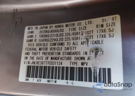 2007 Honda Cr-V Ex-L z USA, uszkodzony, nr VIN JHLRE38777C031124